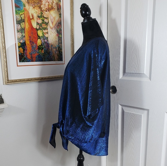 Vintage Black Blue Sparkle Tie Front Blouse sz L - Picture 5 of 8